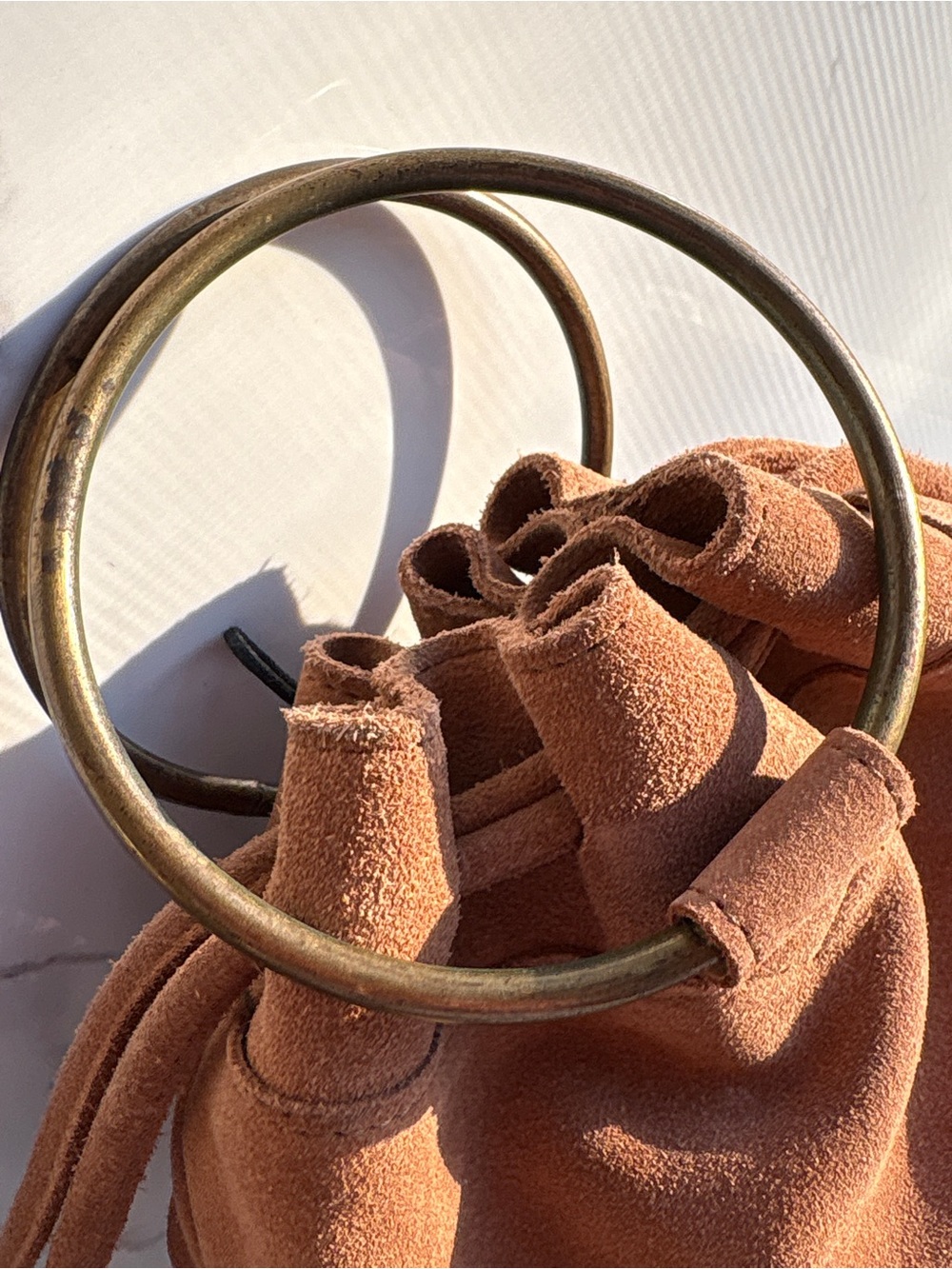 World Market Brown Suede Bucket Bag Metal Ring Handle Drawstring Leather Purse - Picture 2 of 9